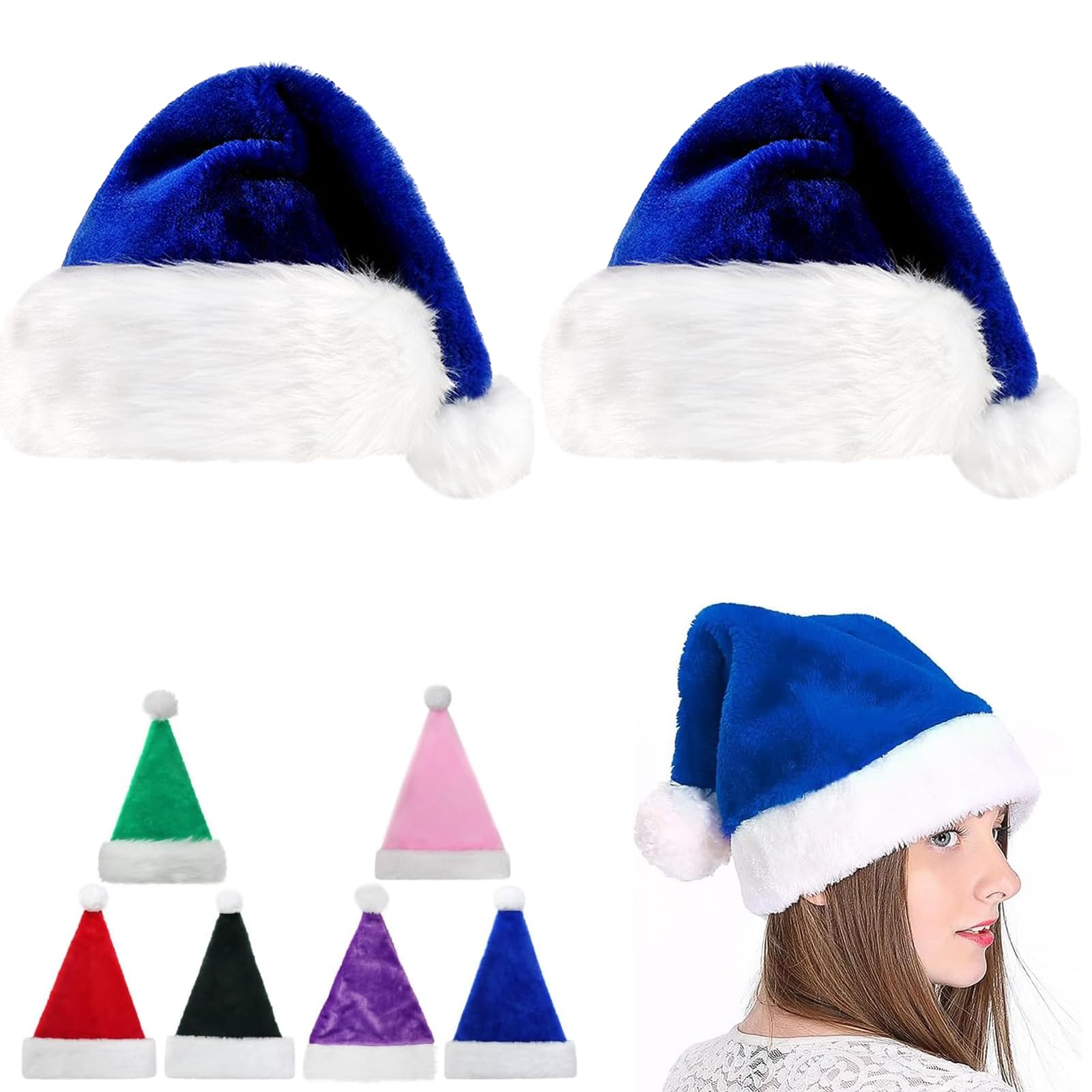 POPOYU 45cm Christmas Hats Santa Hat Adults,2 Pcs Deluxe Velvet Xmas Santa Claus Hat,Unisex Velvet Comfort Christmas Party Hat Thicken Classic Fur New Year Festive Christmas Party Supplies(Blue)