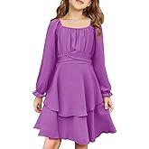 Haloumoning Girls Fall Dress Long Sleeve Off Shoulder Puff Sleeve Ruffle Tiered Layer Party Dresses 7-14 Years
