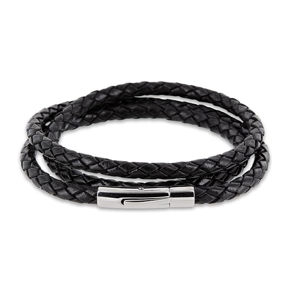 AURORIS Echtleder Kette/Armband geflochten 5MM Farbe: schwarz mit Hebeldruckverschluss aus Edelstahl