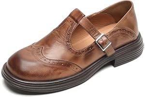 Womens Mary Jane Oxford Shoes T-Strap Soft Leather Retro Loafer Shoes Low Heels Round Toe Wingtip Brogue Business Shoes