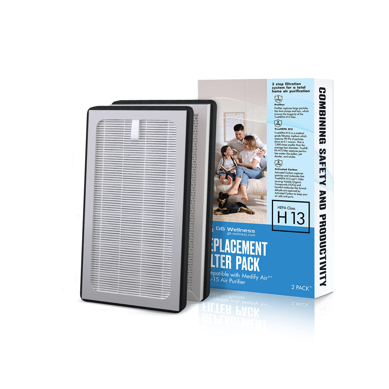 G6 Wellness H13 HEPA 2-Pack Replacement Filter Set Compatible with MA 15 Air Purifier | 3 in 1 Filtration | Medical Grade True HEPA Filter H13 | Activated Carbon | Pre-Filter