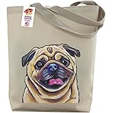 HIPPIE HOUND STUDIOS Pug Tote Bag - Gifts For Mom - Fawn Pug Lover Gift - Pug Gifts For Women -Handmade Totes Canvas Totes - Cute Pug Shopping Bag - Shoulder Bag - Grocery Bag - Beach Bag