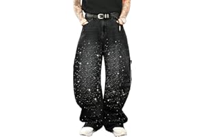 Djeanxa Men's Sparkly Baggy Denim Pants Barrel Wide Leg Rhinestone Jeans Straight Loose Hip Hop Denim Trousers