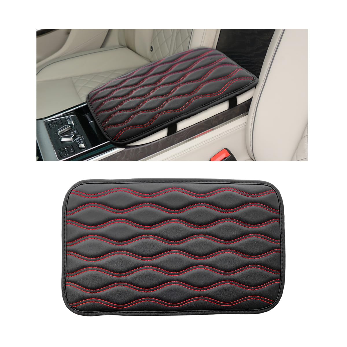 Photo 1 of Wevdn Car Center Console Cushion Pad, 12.48×7.40 Inches Waterproof Car Armrest Seat Box Cover, Comfortable PU Leather Vehicle Armrest Cover Protector, Car Decor Interior Accessories (Black?Red)