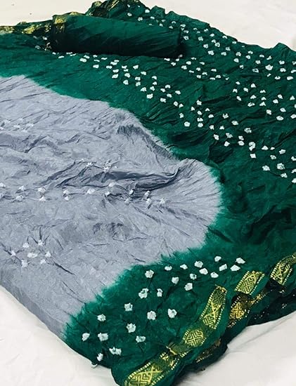 Women's Cotton Silk Weaving Border Work Bandhani Bandhej Saree With Blouse Piece
