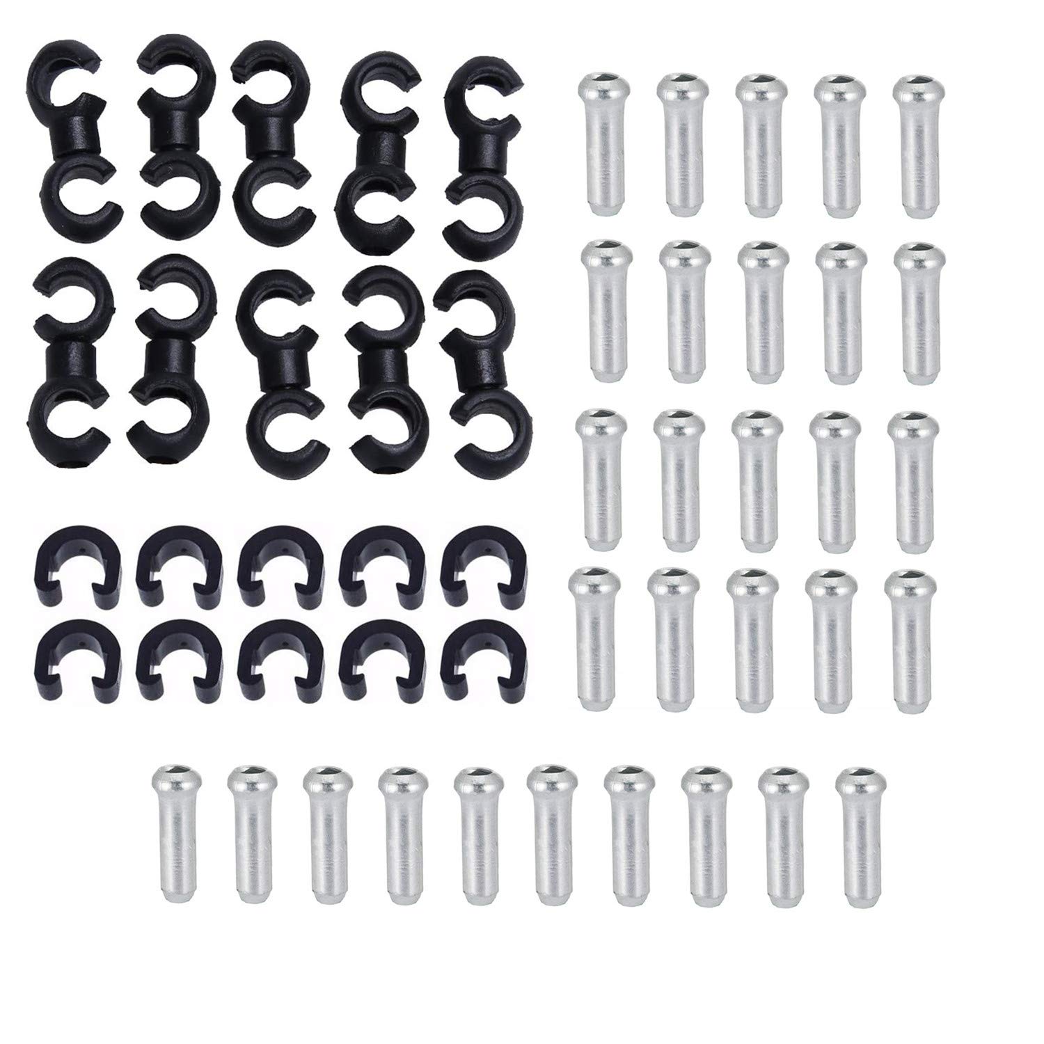 JinYu 50 Pcs Black Bicycle C-Clips Clamps and S-Clips Clamps, Silver Cable End Crimps Road Bicycle Mountain Bike C Clips Housing Hose Guide Clamps, for Brake Derailleur Shift Cables