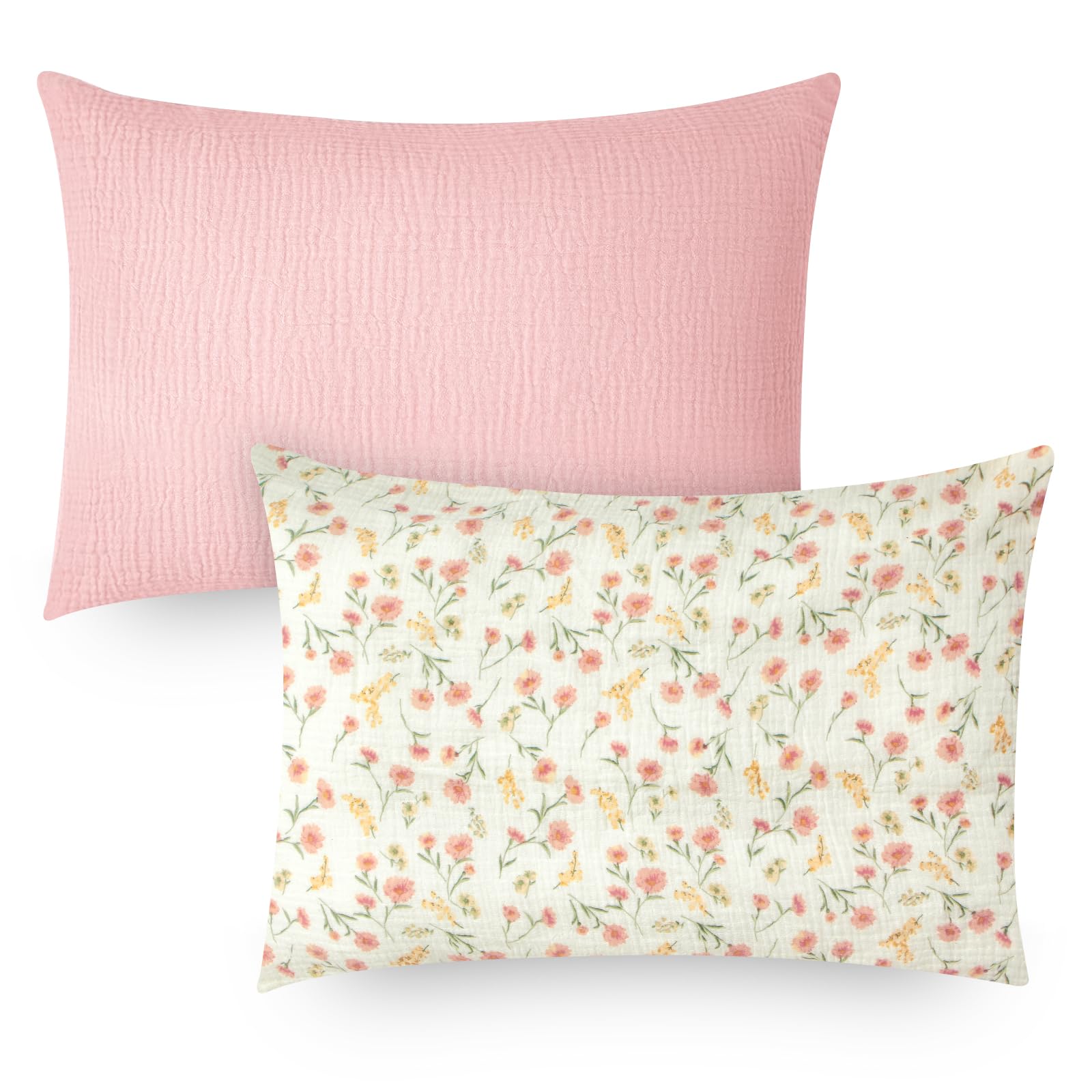Winmany Toddler Cotton Muslin Pillowcases - Baby Girl Boy Pillow Case Travel Cushion Covers with Envelope Design - Cot Bed Accessories - Fit for 13"x18", 14" x 19", 12"x16" - Light Pink+Flower