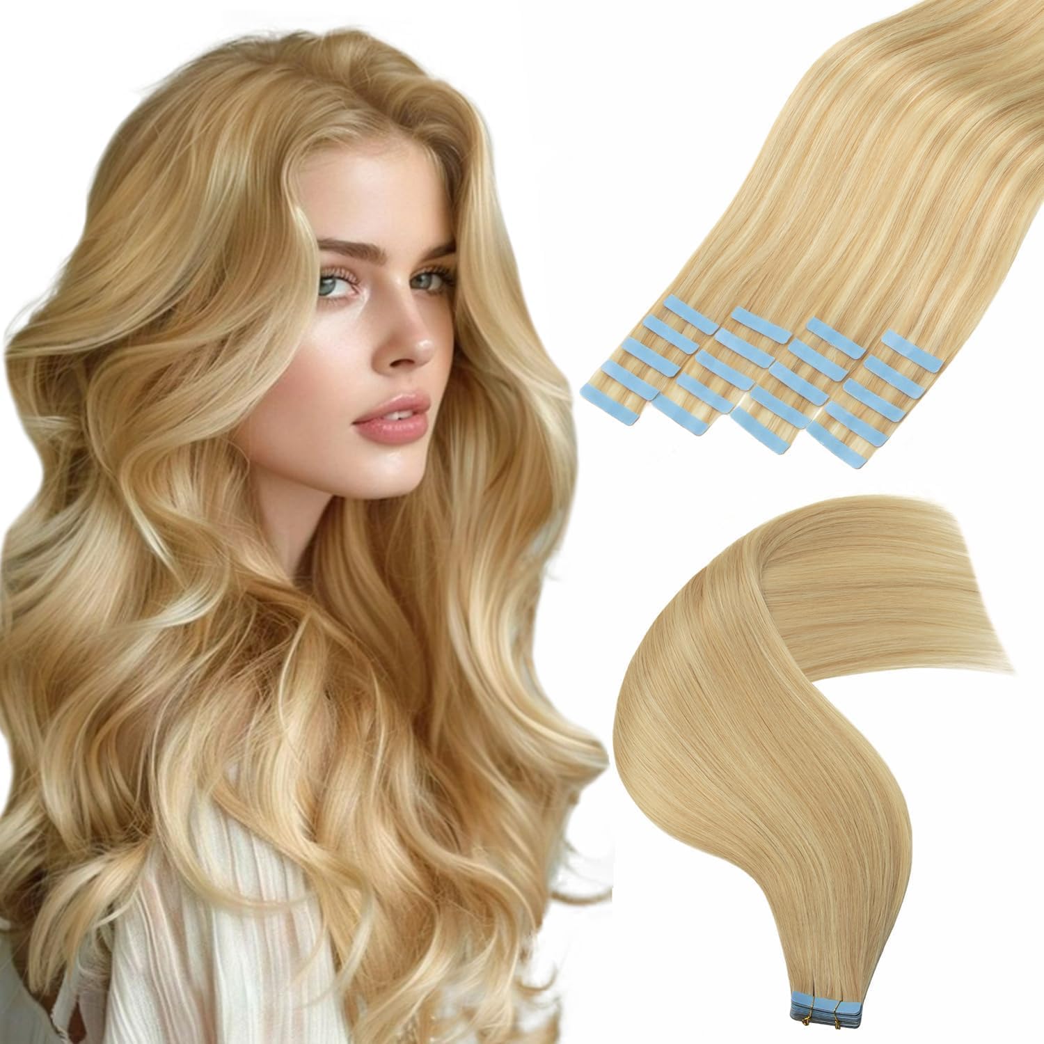 AGMITY Tape in Hair Extensions Human Hair Ash Blonde Highlight Blonde 50g/pack Invisible Straight Seamless Skin Weft Remy Hair Extensions Tape in Human Hair(18 Inch #P18/613) — image 1