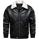 HOOD CREW Men’s Faux Leather Aviator Bomber Jacket with Fur Collar Warm Fleece Lined Biker Jackets Vintage Winter Coats