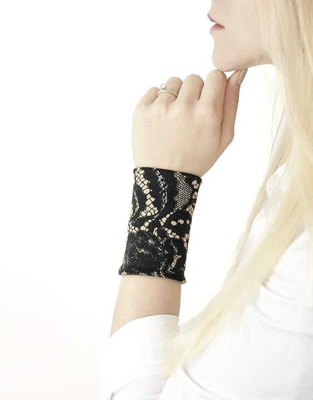 Stretch Fabric Wrist Cuff Bracelet (Black and Tan Lace) Handmade