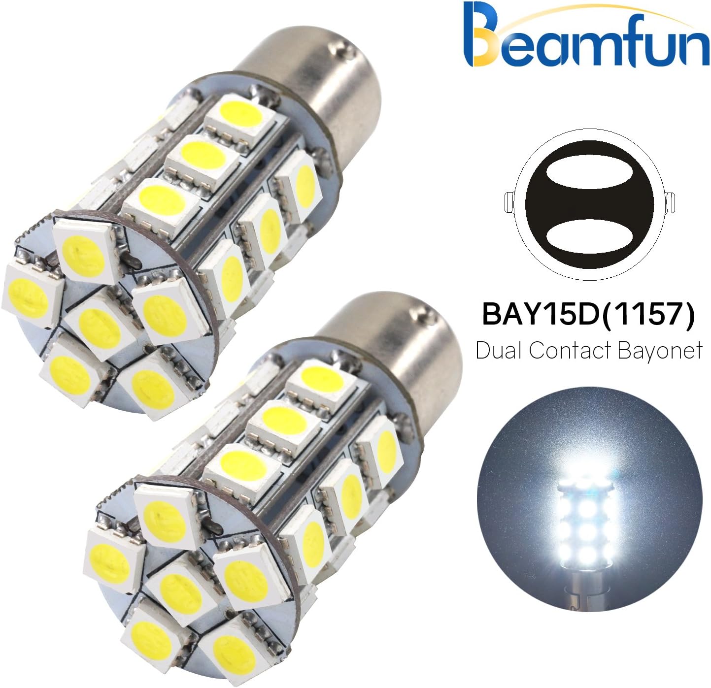 BEAMFUN 1157 BAY15D 24-SMD 5050 LED Car Lights Tail Light, Stop Light, Brake Light,Also Great replacements fo Bulbs Replacement for RV SUV MPV Car Turn Tail Signal Bulb Backup Lamps Bulbs,White,2 pack
