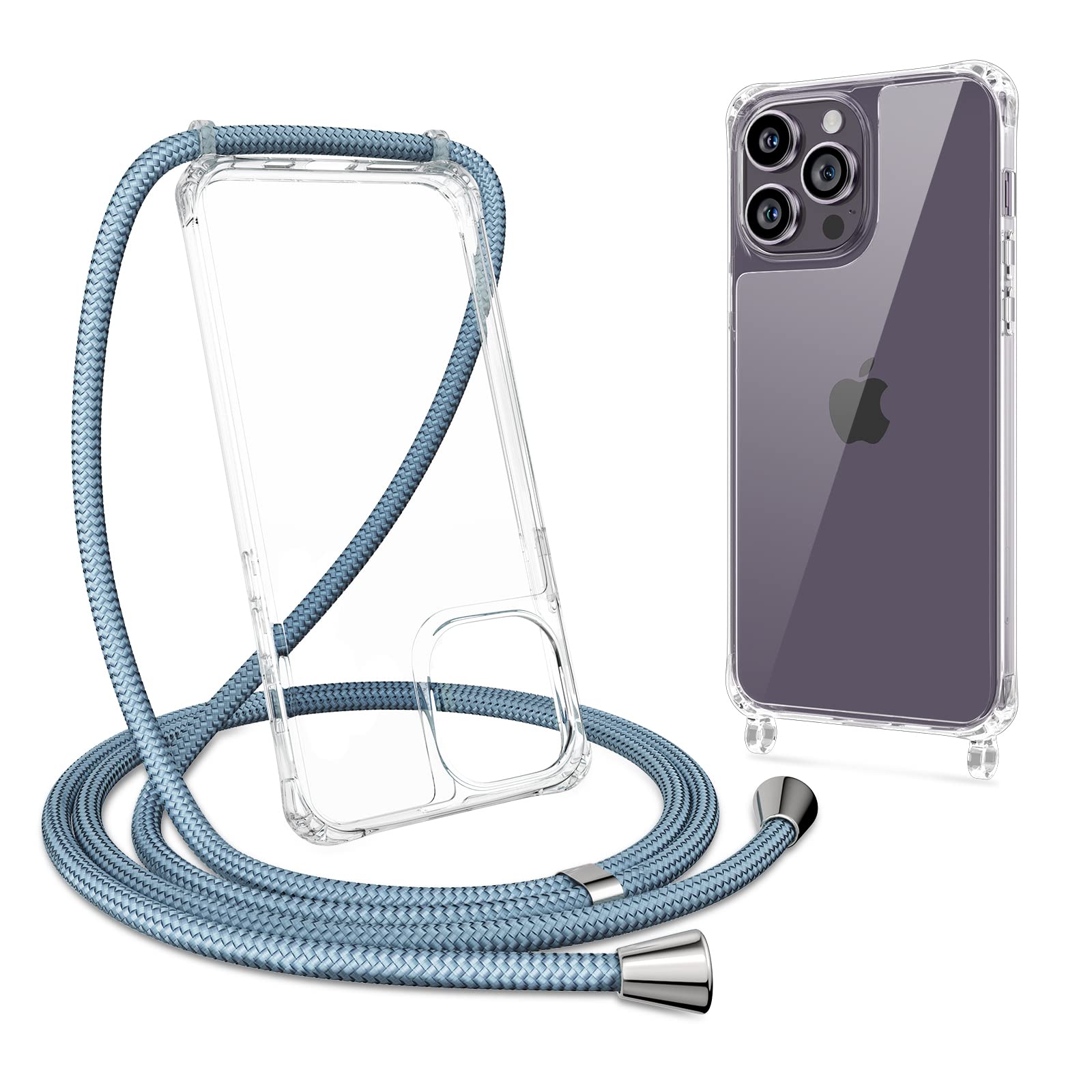 ZTOFERA Crossbody Lanyard Case for iPhone 15 Pro Max, Ultra Clear Hard Back with Soft Bumper Protective Phone Case with Strap Adjustable Neck Cord Necklace Shockproof Cover, Grey Blue