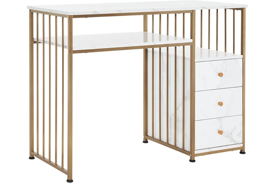 BarberPub Manicure Table for Nail Tech, Golden & Marbling Texture Nail Desk with Storage Drawers and Shelf, Home Salon Spa Equipment, Beauty Nail Table with Metal Frame 2407