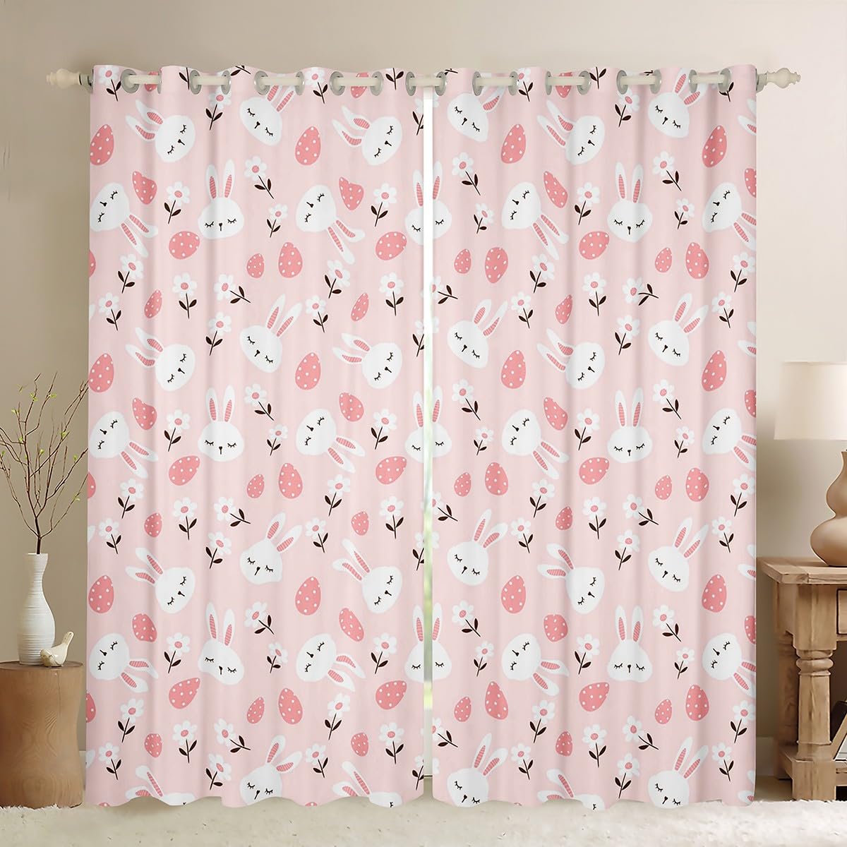 Homemissing Kawaii Bunnies Curtains for Bedroom Living Room Kids Rabbit 30%-50% Blackout Curtains Boys Girls Cute Animal Darkening Drapes Flowers Window Treatments Lovely Animal Pink W46*L54
