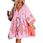 SOLY HUX Women's Boho Print Summer Dress V Neck Half Sleeve Babydoll Flowy Loose Vacation Short Dresses