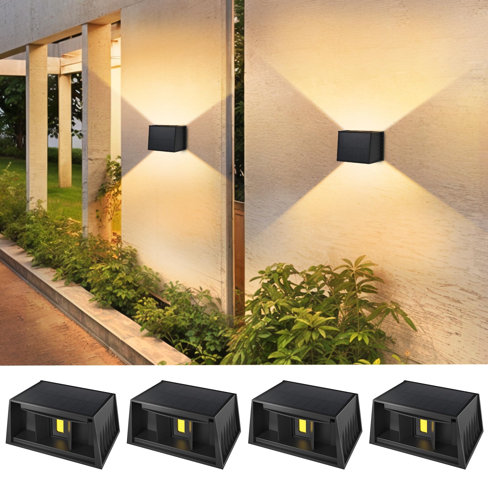 T-SUN 4-Pack Solar Powered Fence and Wall Lights, IP65 Waterproof Adjustable Up-Down 3000K Spotlights for Garage, Front Door