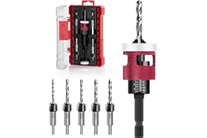 Csyibeielec Countersink Drill Bit Set - 5 Pcs Countersink Drill Bit with Low Friction Depth Stop, Replaceable HSS M2 Tapered Bits, Carbide Drill Bits 1/4” Hex Shank for Woodworking Tools & Hand Tools