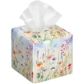 Watercolor Flower Tissue Box Cover Square,Colorful Flowers Tissue Box Holder Waterproof Leather Facial Paper Organizer Dispenser for Bathroom Home Car Nightstand Vanity Desk