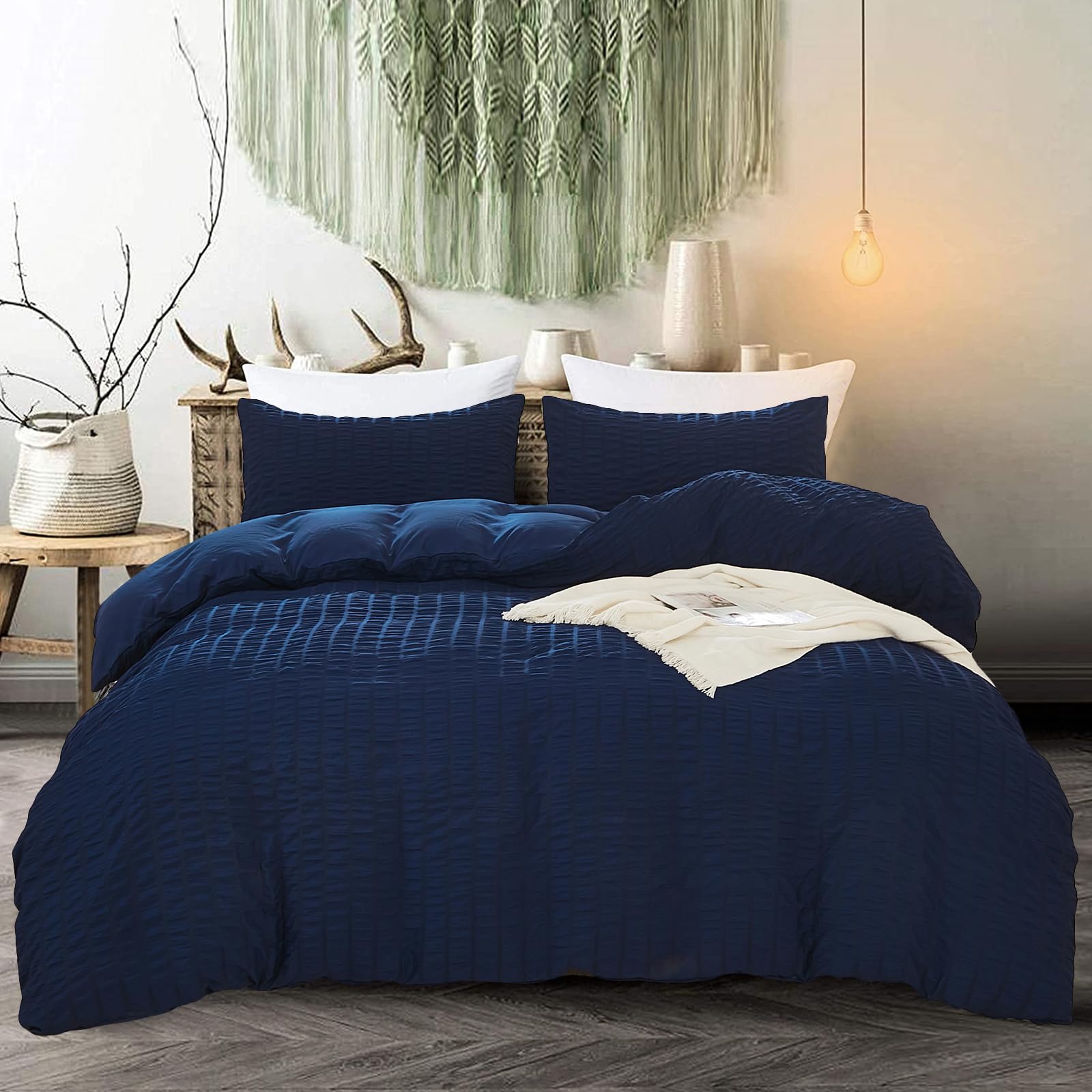 Navy Classic Seersucker Duvet Cover Sets for Teens Adults,Soft Comfortable Microfiber Bedding Sets Duvet Cover,King Size 220×230cm — image 1