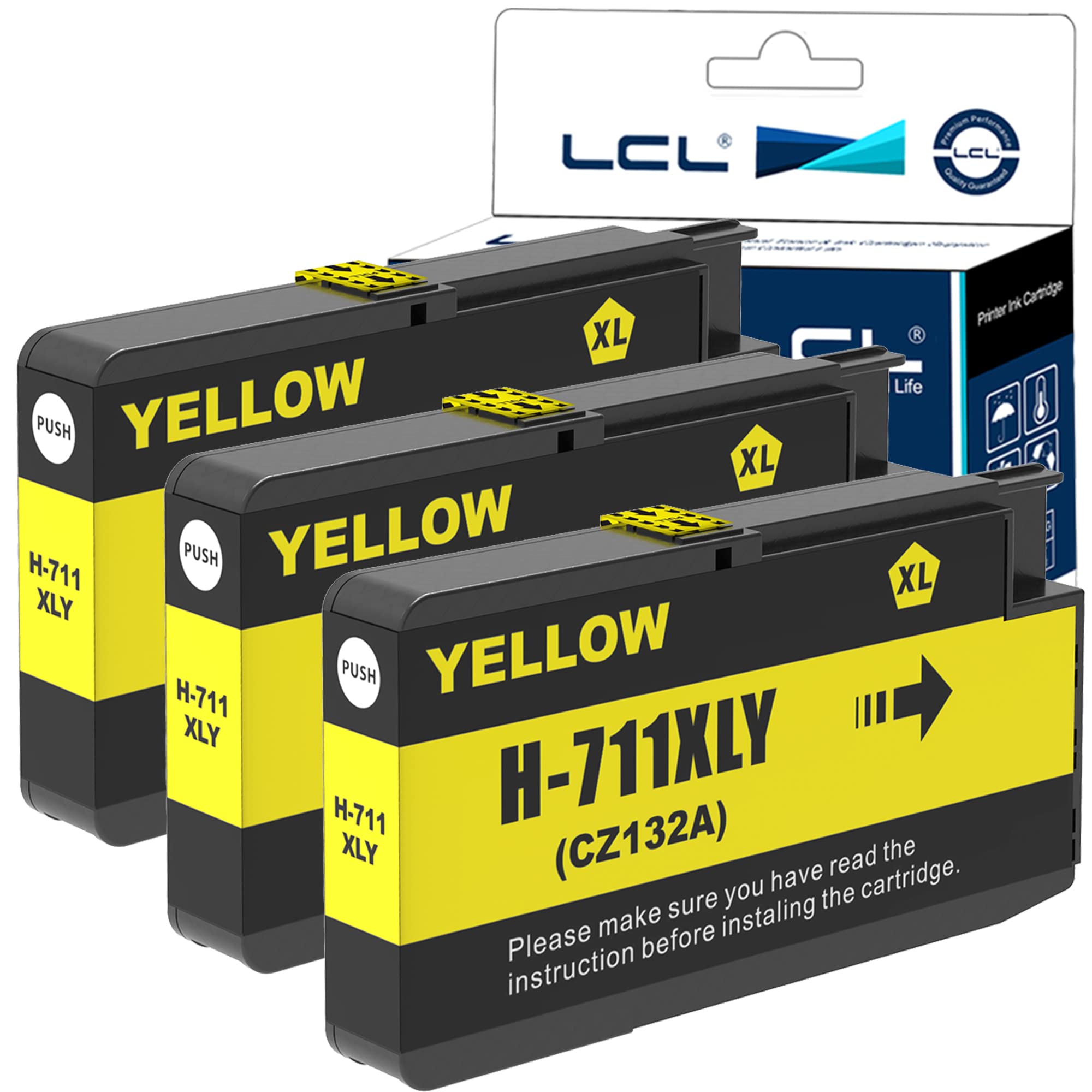 LCL 711XL Ink Cartridge Replacement for HP 711XL 711 XL CZ132A for HP Designjet T120 24 T120 610 T520 24 T520 36 T520 610 T520 914 T125 24 T530 T130 T525 (3 Yellow)