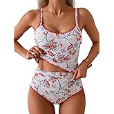 Eomenie Tankini Swimsuit for Women Tummy Control Ruched Two Piece Bathing Suits High Waisted Shell Stitch Swimwear