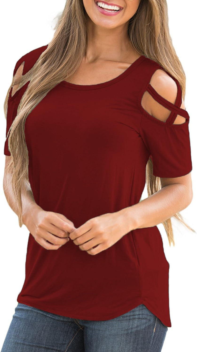 SLIMMING GRIL Shirts for Women Scoop Neck Tee and Top Cold Shoulder Casual Blouses Burgundy L