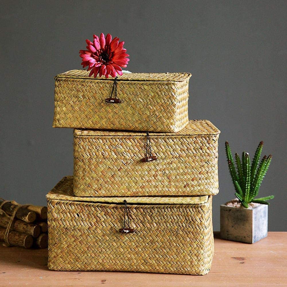 YSGLIFE Set of 3 Rectangular Storage Shelf Basket with Lid Seagrass Rattan Woven Multipurpose Organizer Boxes for Clothes, Makeup, Books and Shelves(Natural,Small/Medium/Large)
