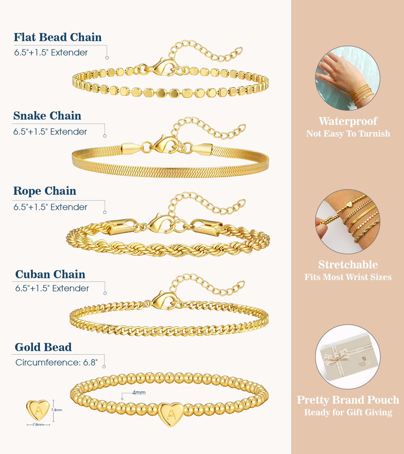 doubgood Gold Bracelets for Women Waterproof Stackable Heart Initial Charm Bracelets Set A Letter 14K Gold Plated Adjustable Chain Link Stack Jewelry Gifts for Women Mother's Day