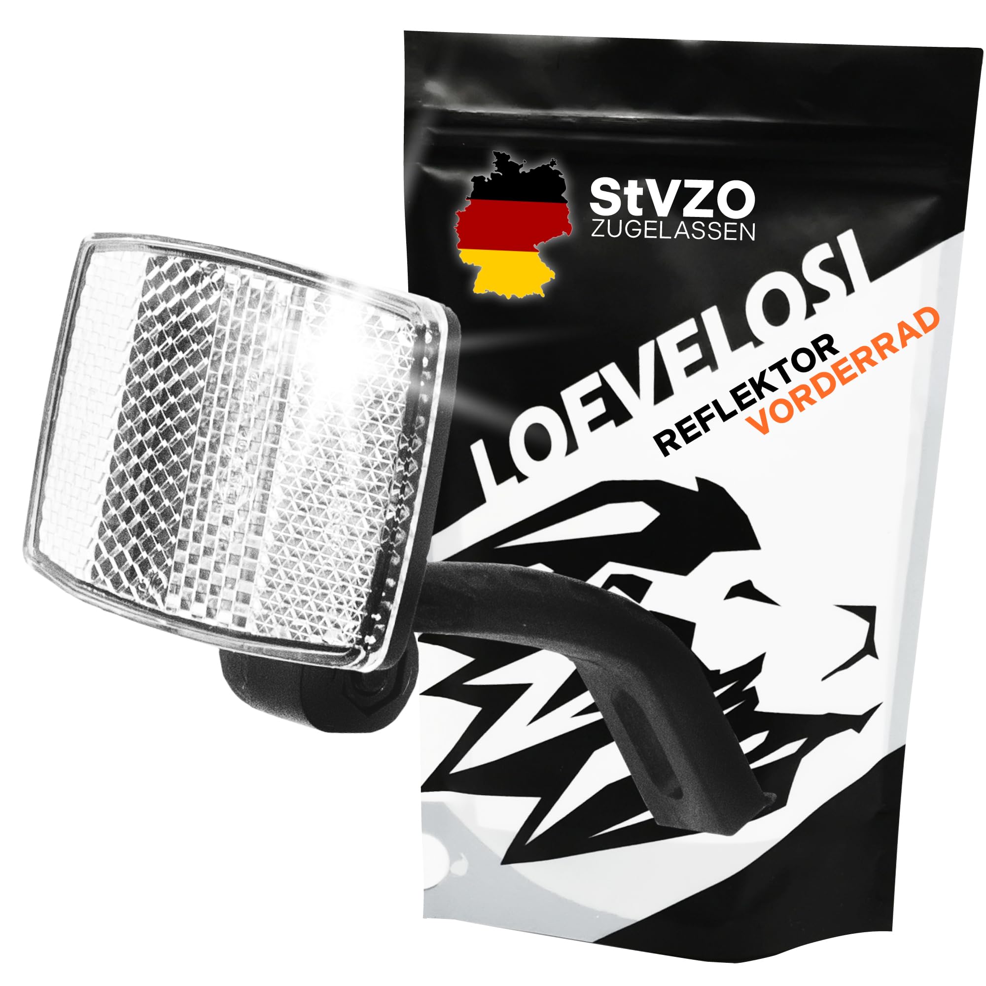 Bicycle front wheel reflector for bicycles, front wheel spotlight, cat's eye, front wheel, front reflector, white with German Road Traffic Licensing Regulations, white reflector, front spotlight for bicycle, children's bicycle, traffic safety.