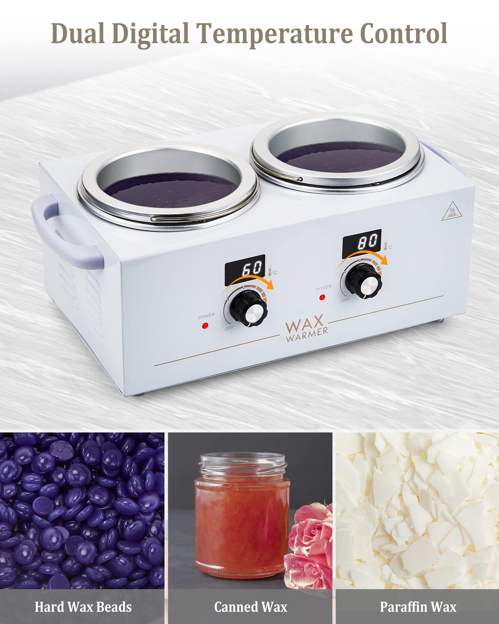 Wax Warmer for Hair Removal, Dual Temperature Control Professional Wax Pot Warmer, Wax Warmer Kit for All Hair Types Including Facial, Legs, Bikini and more- White Double Pot