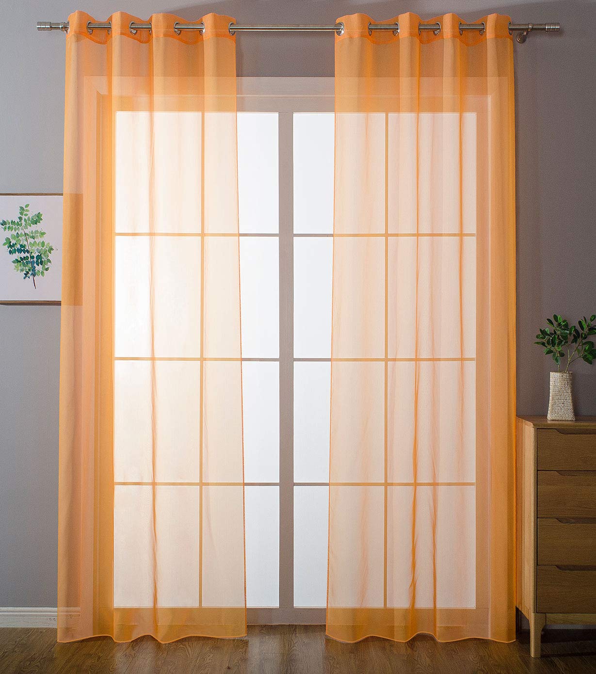 Gardinenbox Pack of 2 Eyelet Curtains Transparent Curtain Set Living Room Voile Eyelet Curtain Lead Tape Closure 100% Polyester Orange H 225 x W 140 cm — image 1