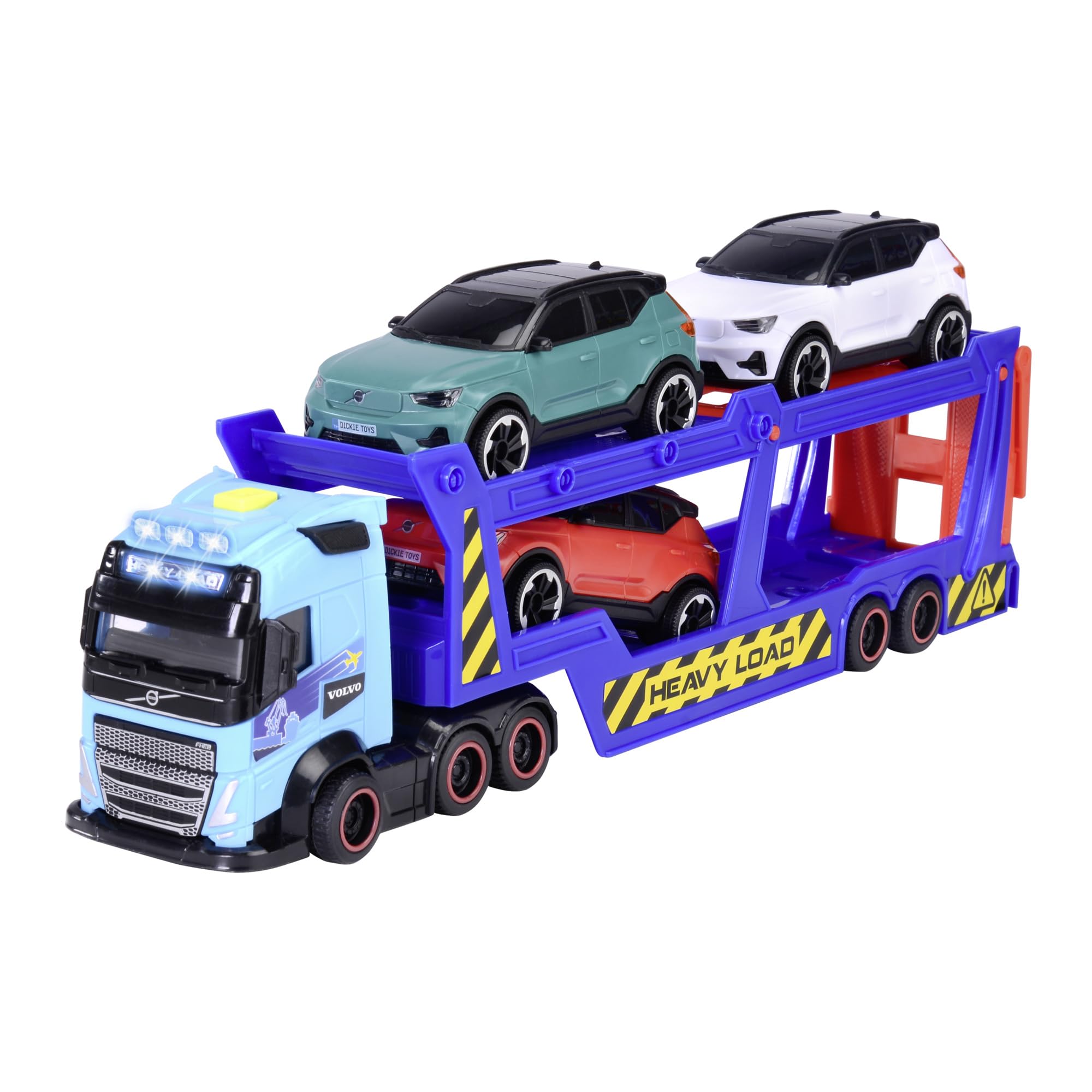Dickie Toys - 40 cm Volvo Truck Transporter Trailer FH16 with Trailer Includes 3 Cars XC40 Recharge, Light and Sound Effects, Toy for Children from 3 Years