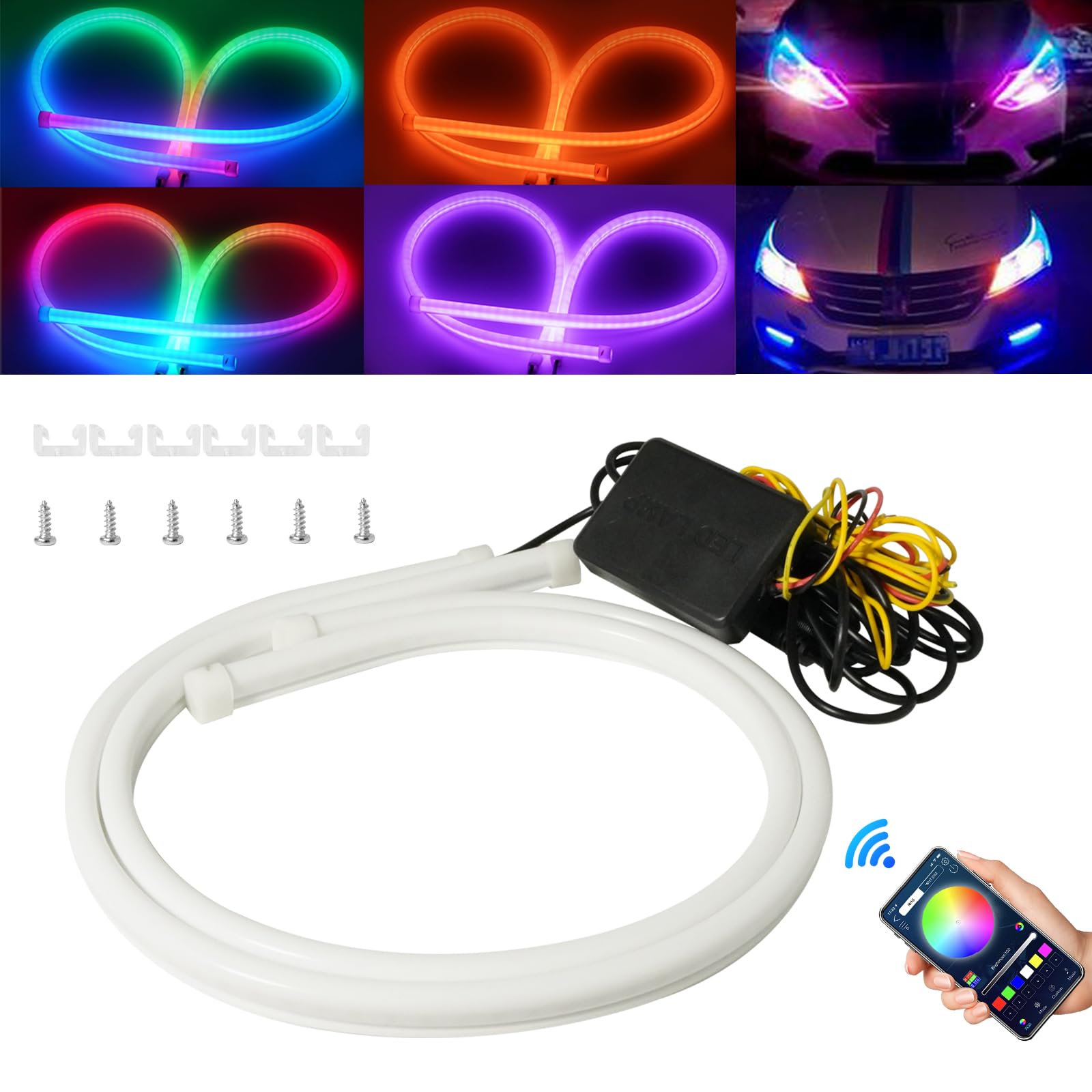 Photo 1 of Qasim Sequential LED Strips APP Bluetooth Control RGB Multi Color Headlight 24Inch LED Daytime Running Lights Flexible DRL Tube Strip 12V 2-Pack