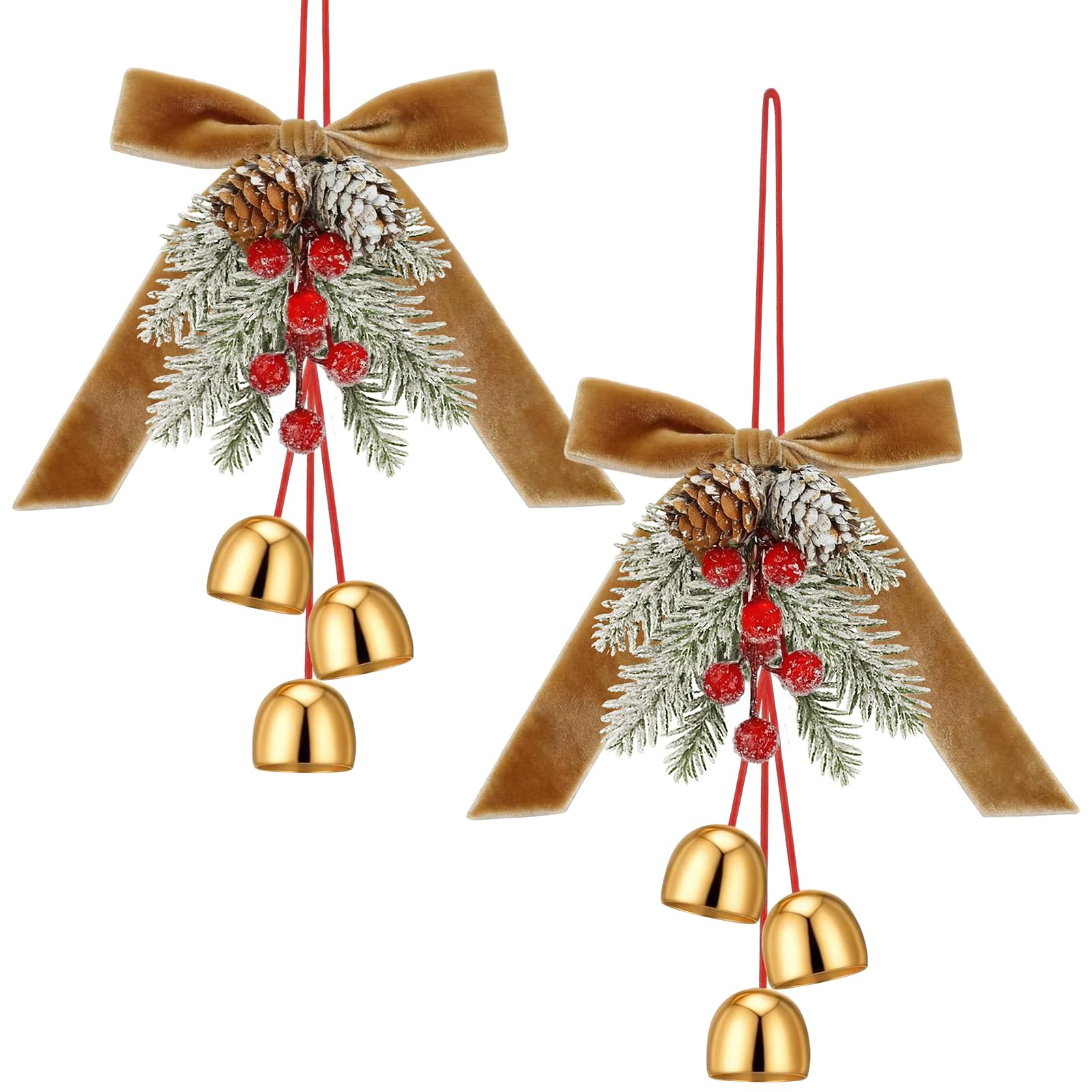Photo 1 of 2 Pcs Christmas Jingle Bell with Neutral Velvet Ribbon Bows and Pine Cone Hanging Ornament Christmas Door Knob Hangers Tree Topper Wall Wreath Decoration for Cabinet Door Handle Knob Party Decor