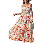 CUPSHE Women's Vacation Summer Dresses Tropical V Neck Elastic Waist Sleeveless Spaghetti Strap Smocked Maxi Dress