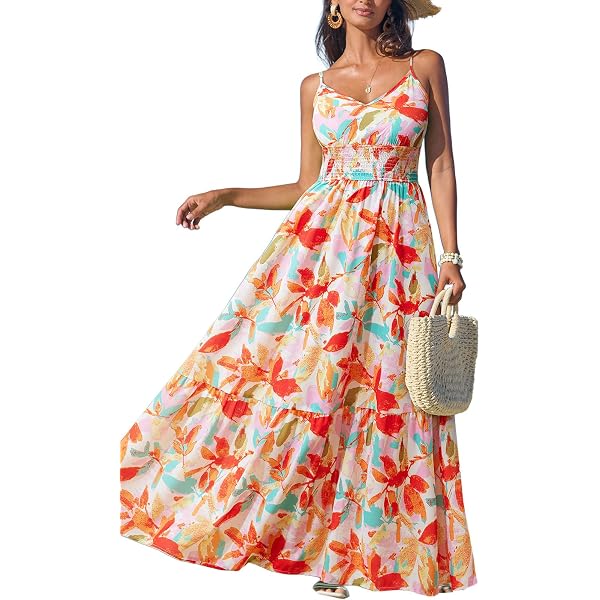 CUPSHE Women's Tropical Maxi Dress – V Neck Smocked Waist Spaghetti Strap Summer Dress