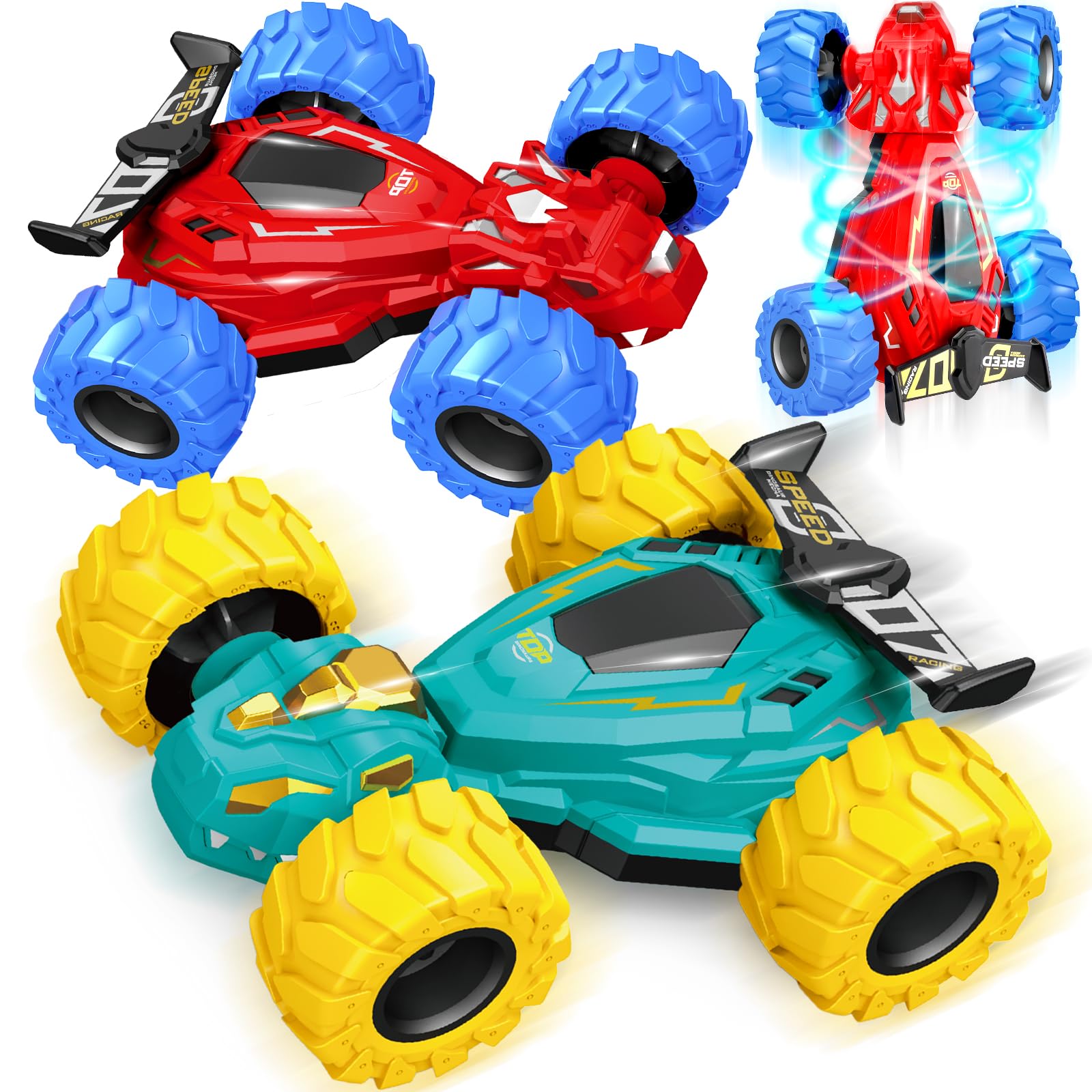 Photo 1 of Toddler Monster Truck Toys,Dinosaur Toys for Ages 3-4 Friction Spin Stunt Race Cars,2 PCS Push and Go Baby Toy Cars,Off Road 360 Rotating Trucks,Christmas Birthday Gifts for Kids 3 Year Old Boys Girls