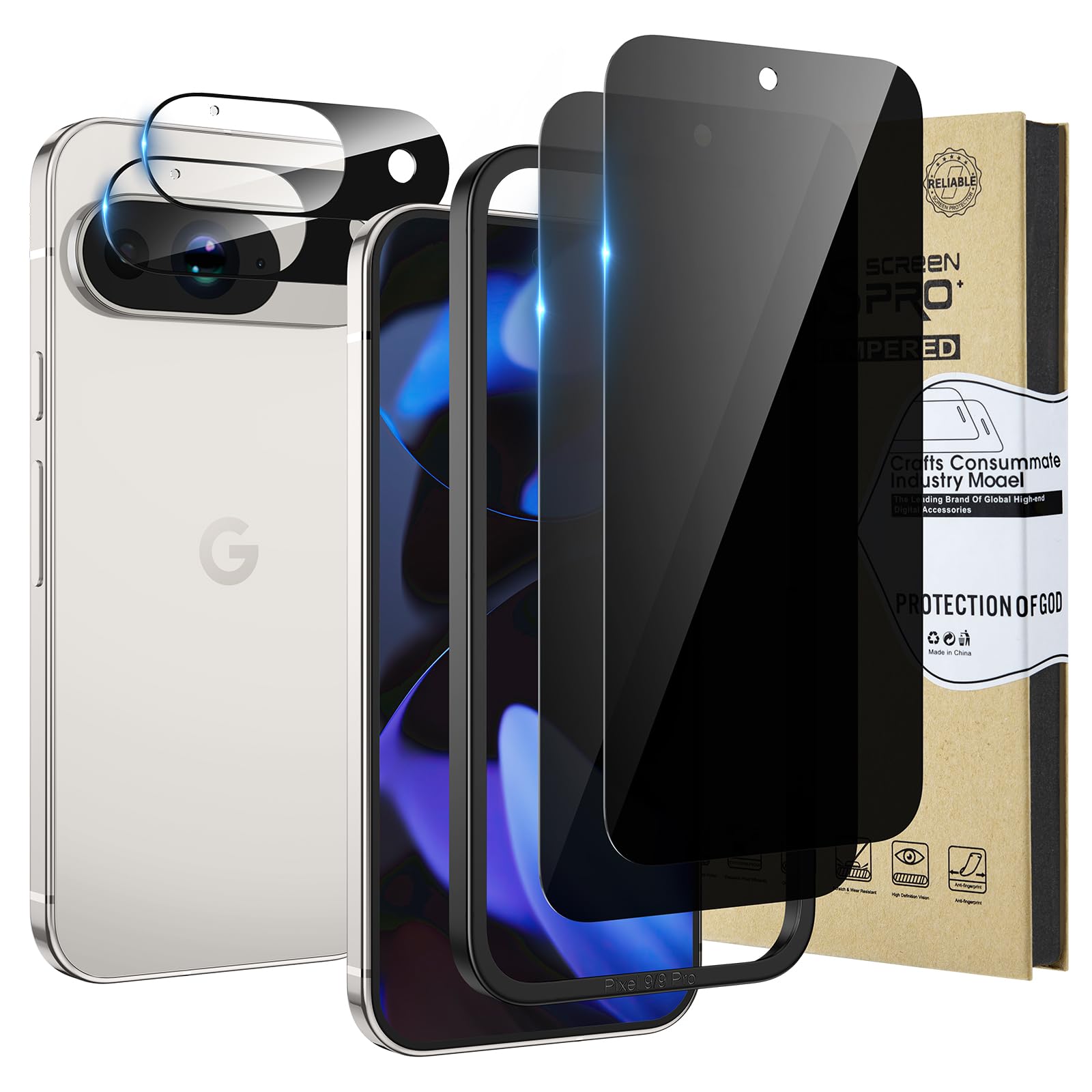 HWeggo Privacy Tempered Glass Screen Protector for Google Pixel 9 with 2 pcs Camera Lens Protector Accessories 9H Hardness HD,Support Fingerprint Unlock,Easy Installation