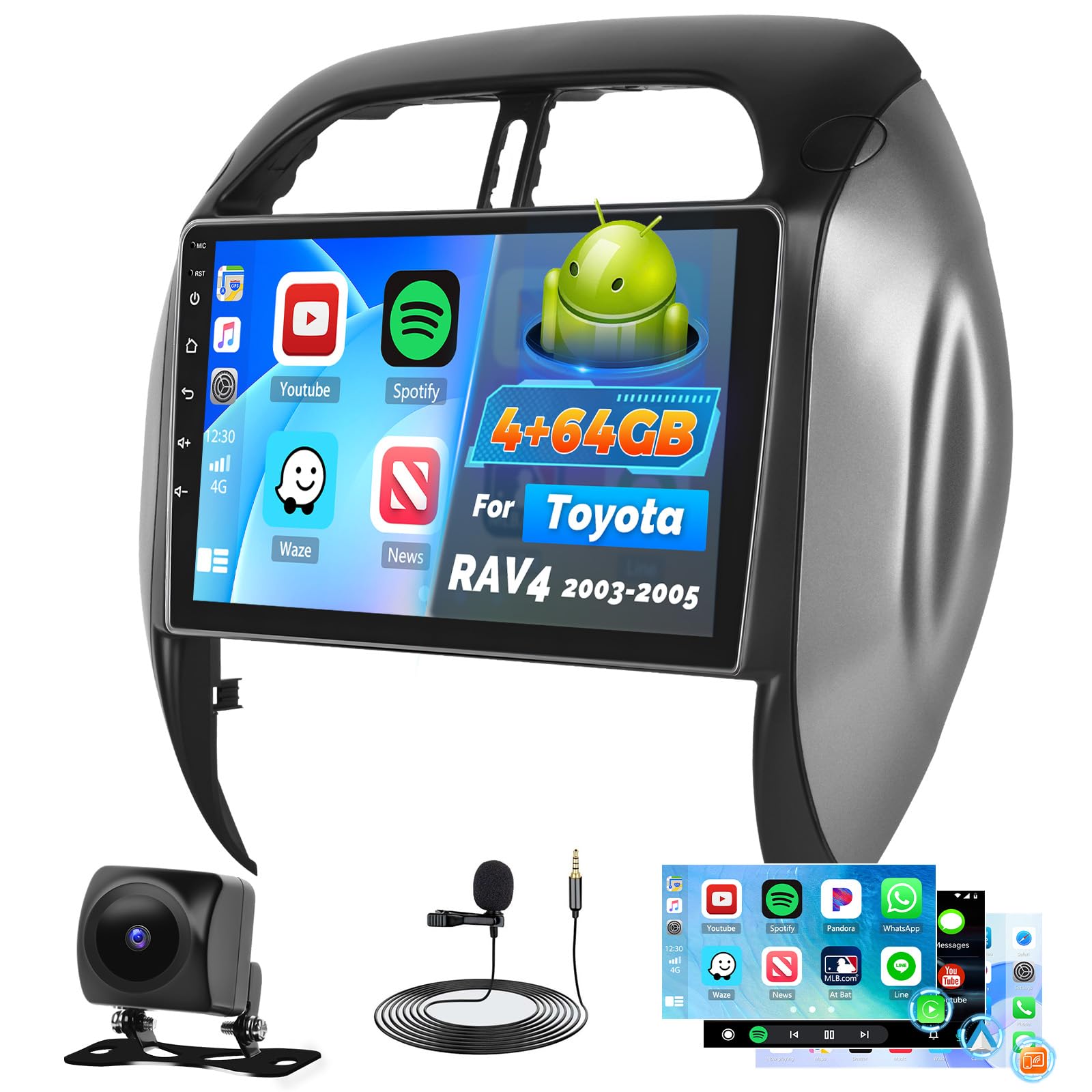 Photo 1 of Roinvou Car Radio for Toyota RAV4 2003 2004 2005 with Wireless Carplay Android Auto, 4+64G 9 inch HD IPS Thouch Screen Bluetooth Radio with Bluetooth5.0 32EQ 1280 * 720P GPS WiFi + Backup Camera