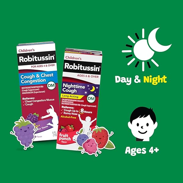 CHILDREN’S ROBITUSSIN DM DAY AND NIGHT COUGH RELIEF VALUE PACK, COUGH MEDICINE, GRAPE/FRUIT PUNCH FLAVOR – 4 FL OZ X 2