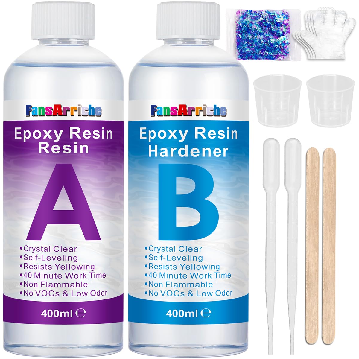 FansArriche Epoxy Resin - 800 ml / 850 g Crystal Clear Epoxy Resin for Casting and Coating - Easy Mix 1:1 Ratio Transparent 2 Part Resin for Table Tops, Tumbler, Jewelry Making, Craft Decoration