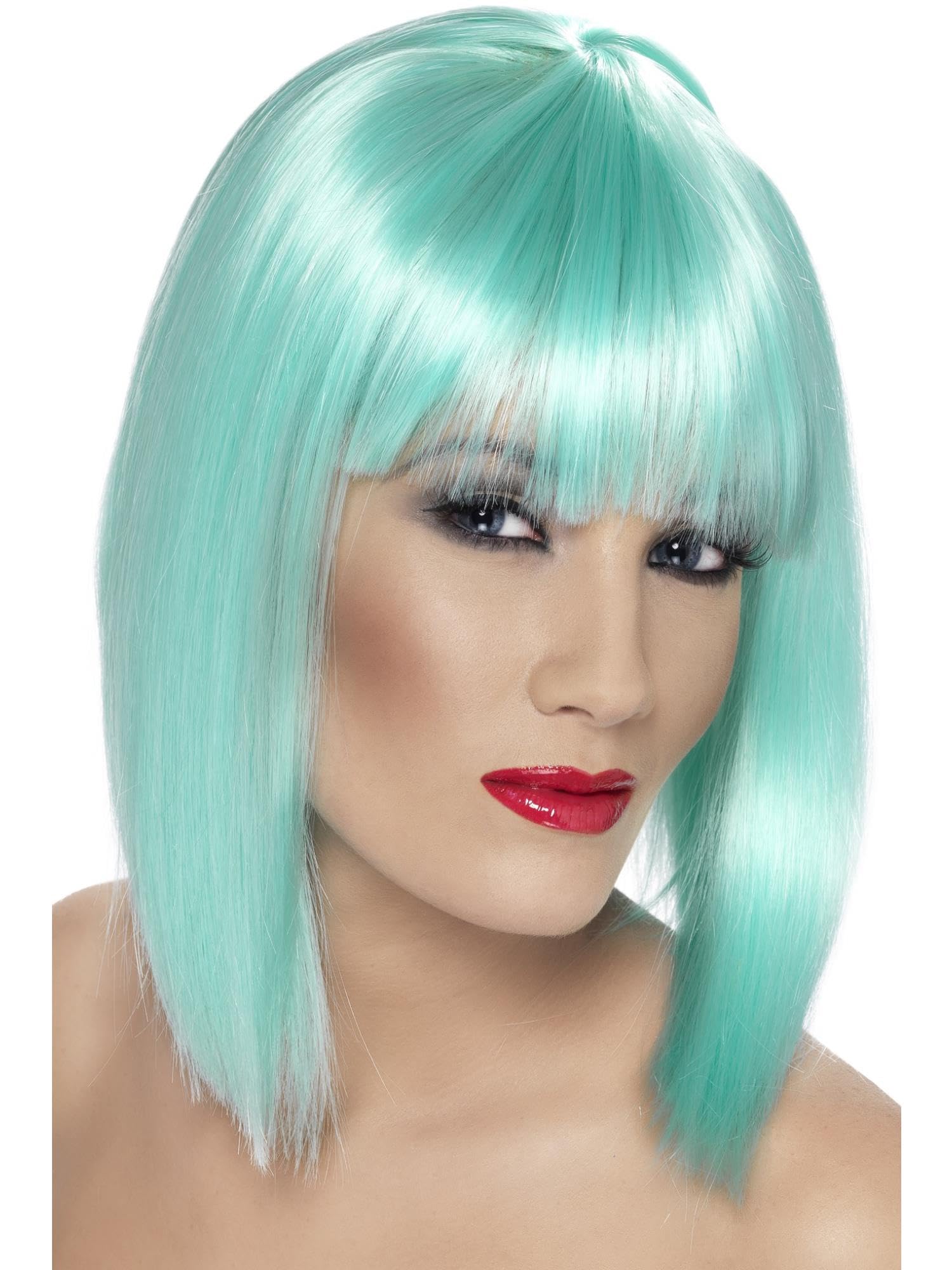 Smiffys Glam Wig, Neon Aqua Short, Blunt with Fringe, Ladies Glamour Wigs Fancy Dress, Adult Dress Up Wigs