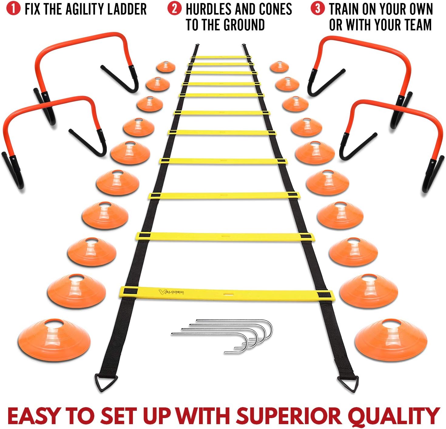 Speed & Agility Training Equipment Set - Includes 4 Agility Hurdles, 20 Disc Cones, Agility Ladder, Adjustable Leg Resistance Bands, Speed Parachute, Jumping Rope & Carry Bag - Designed For All Sports : Sports & Outdoors
