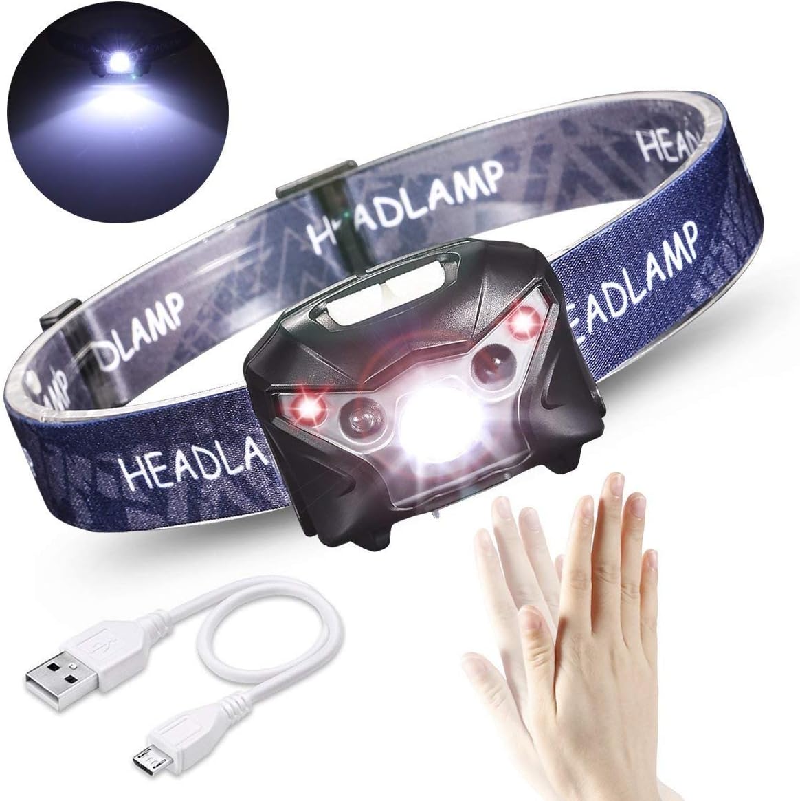 USB Rechargeable LED Headlamp IR Sensor Induction Head Torch, 2X Red Super Bright, Waterproof, Lightweight Headlamps with SOS for Running, Walking, Camping, Reading, Hiking, Fishing, Outdoor Sports