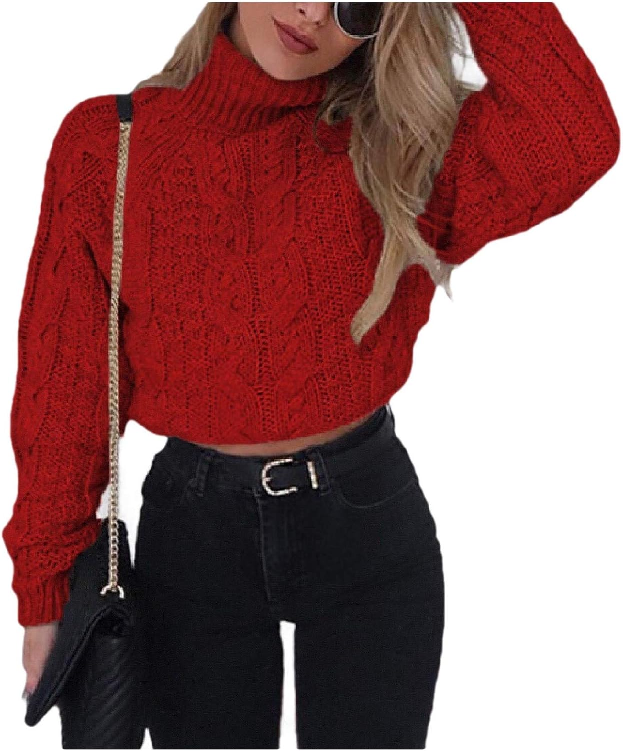 YKeen Suéter corto de manga larga para mujer, Rojo, S