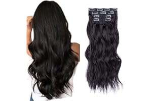 16 Inch Wavy Hair Extensions Clip in Black Hair Extensions Synthetic Hair pieces for Women Girls 4PCS Full Head Set Thick Cur