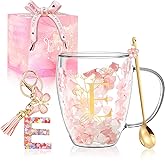 Personalized Gift for Women Double Wall Glass Flower Coffee Mug Tea cup Monogrammed Customized Birthday Valentine Mother's Day Christmas Gifts for Women Mom Wife Friends Sister Stocking Stuffers (E)