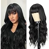 TotoTwinkle Long Curly Wig With Bangs, 28 Inch Wavy Hair Bob Wigs for Women, Black Synthetic Heat Resistant Wig Daily Parties Halloween Cosplay Use