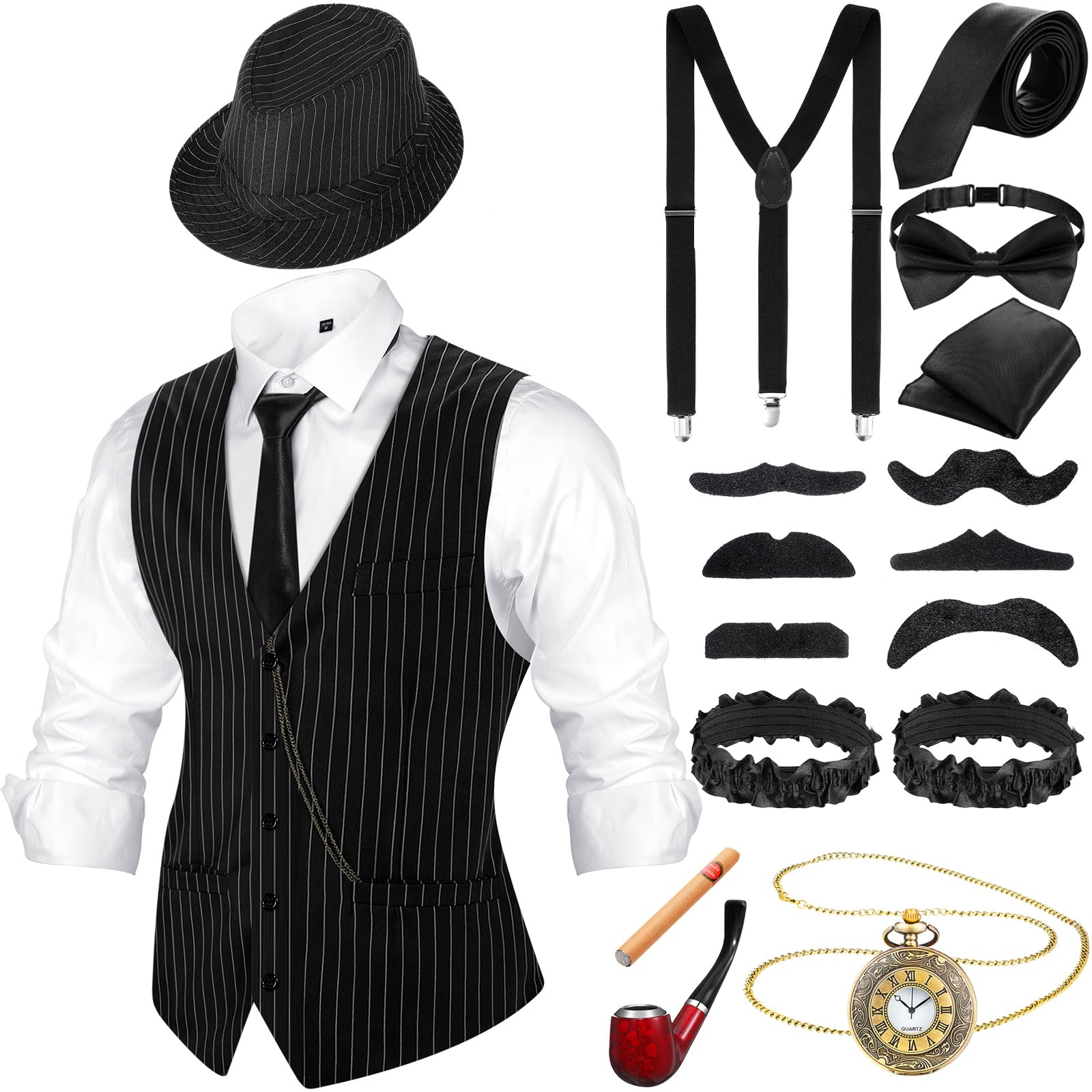 Photo 1 of Neer 1920s Mens Costume Accessories Outfit with Gangster Vest Fedora Hat Vintage Pocket Watch Bow Tie Suspenders Accessories (Black White Stripe,Medium)