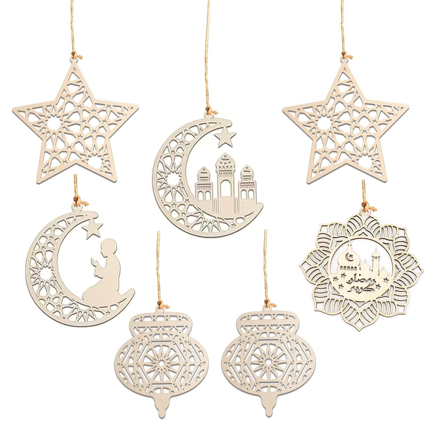 ZKFSIE Eid Mubarak Decorations - 7 Pcs Wooden Hanging Ornaments for Ramadan, Home, Mosque & Garden - Ideal for Islamic Festive Season